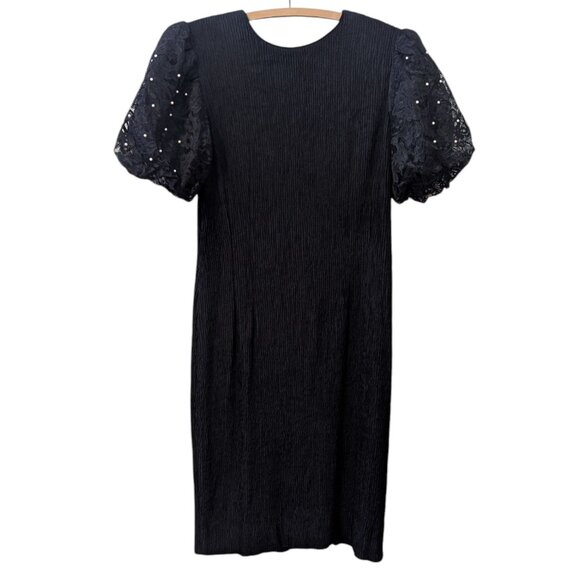 Vintage Lace Pearl Puff Sleeve Leslie Fay Dress Crepe Crinkle 80’s Holiday Party - Picture 2 of 10